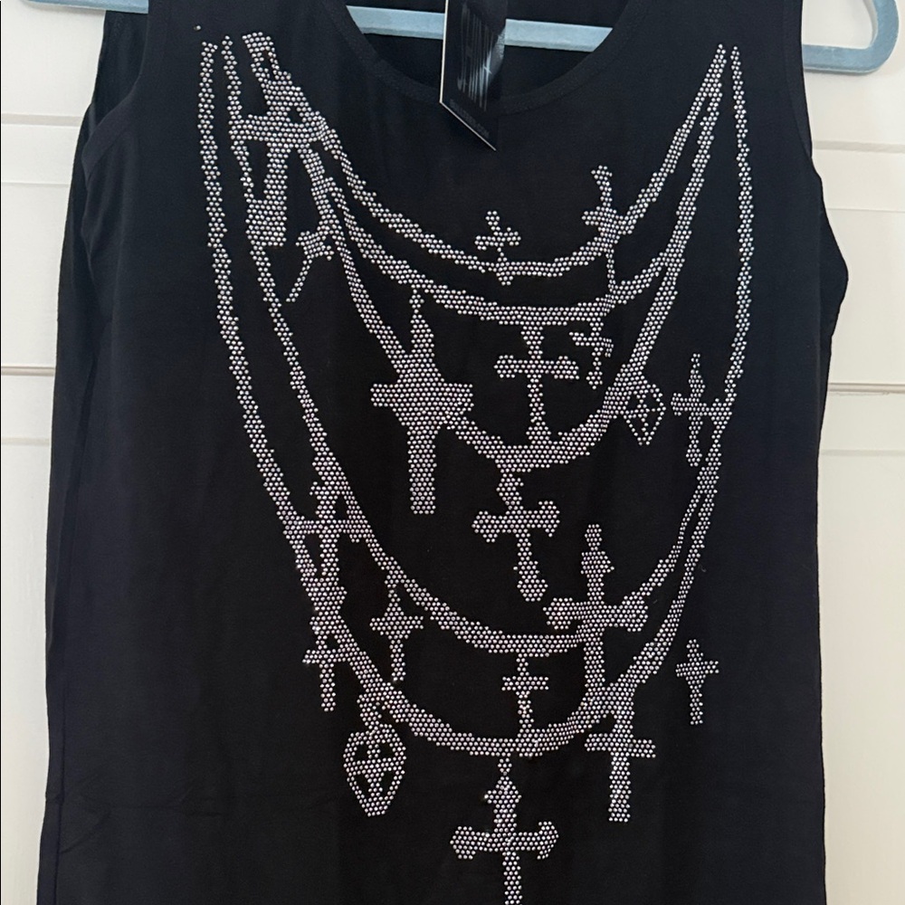 Shiny Black Tank Top with Silver Cross Design - Picture 2 of 7